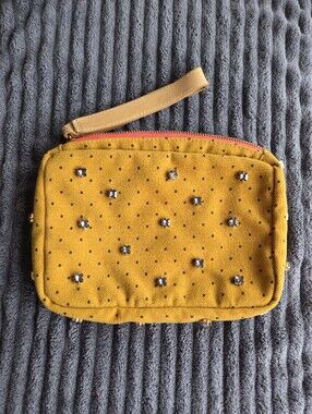Miss Albright Society Mustard Velvet Jeweled Wristlet Clutch Polka Dot